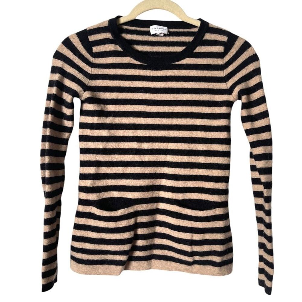 Club Monaco 100% Wool Italian Yarn Tan Black Stripe Crewneck Sweater S